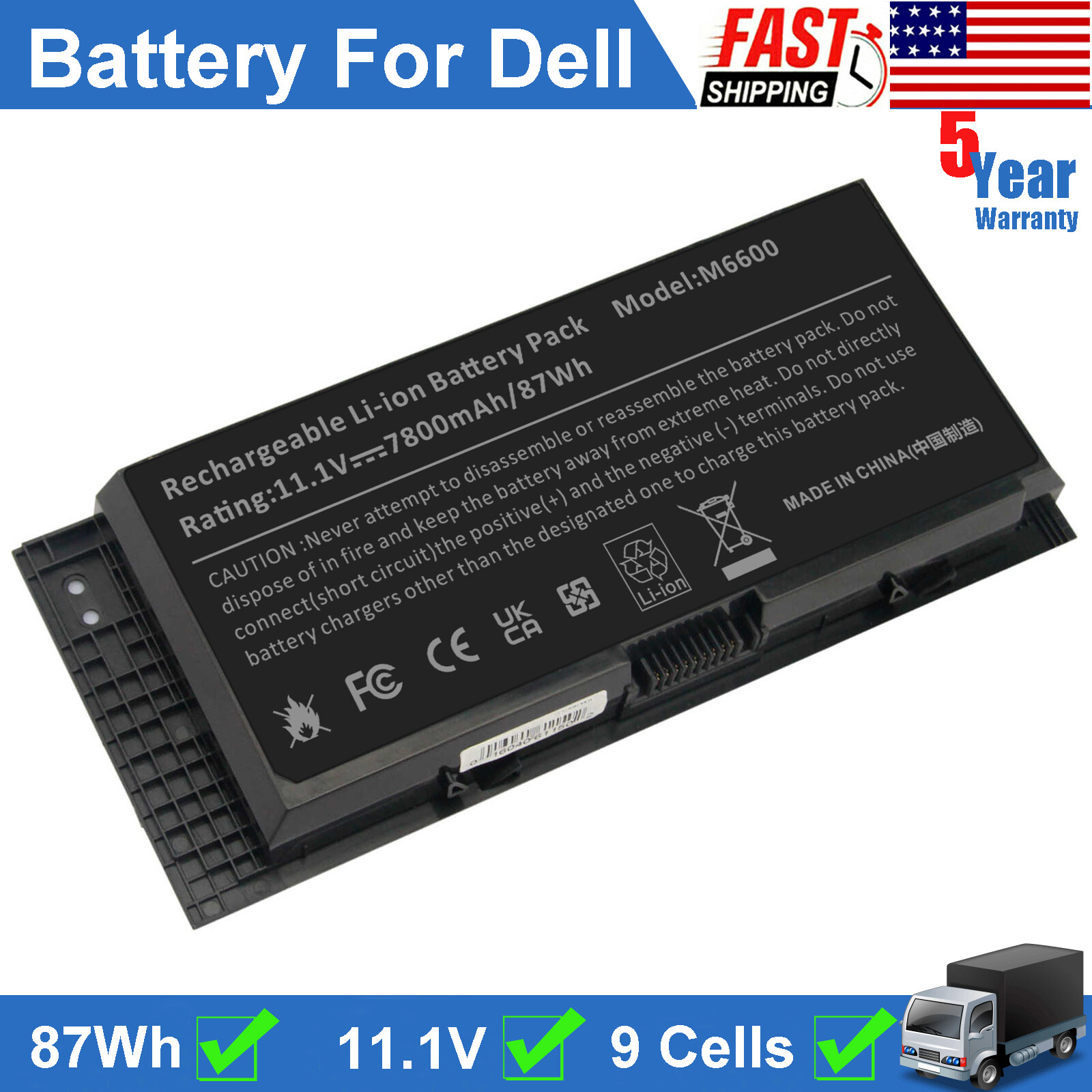 9 Cells M6600 FV993 Battery for Dell Precision M4600 M4700 M4800 M6700 M6800 NEW
