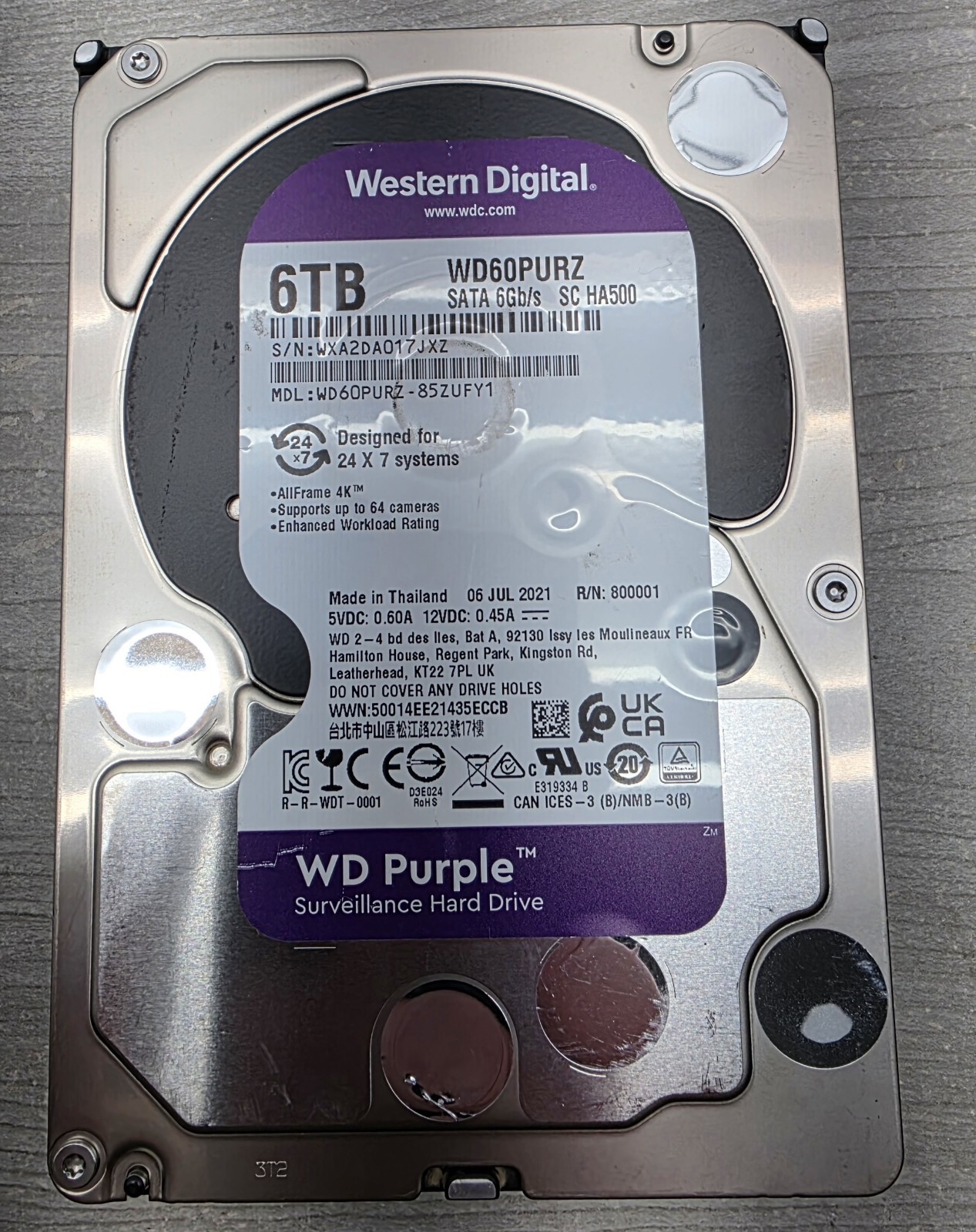 Western Digital WD Purple 6TB Hard Drive WD63PURZ Used