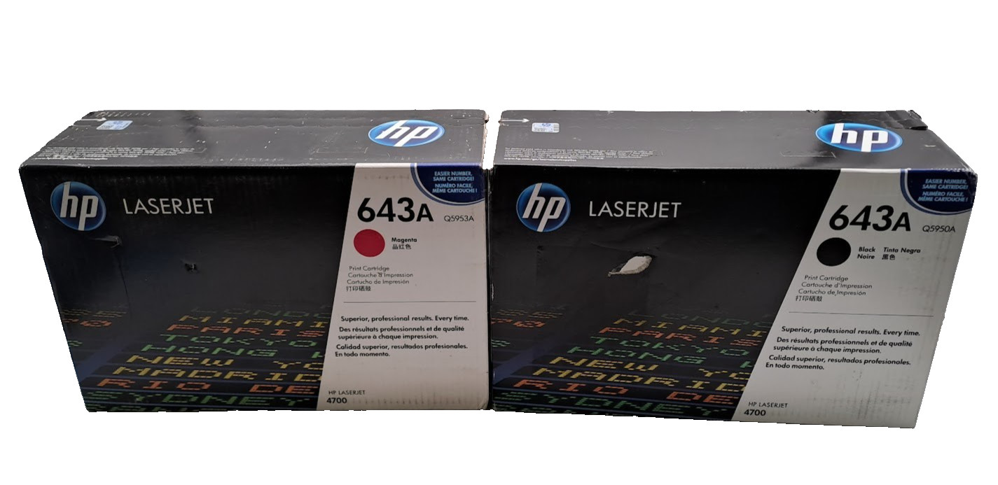 2X HP 643A Original LaserJet Toner Cartridge MAGENTA Q5953A , AND BLACK Q5950A