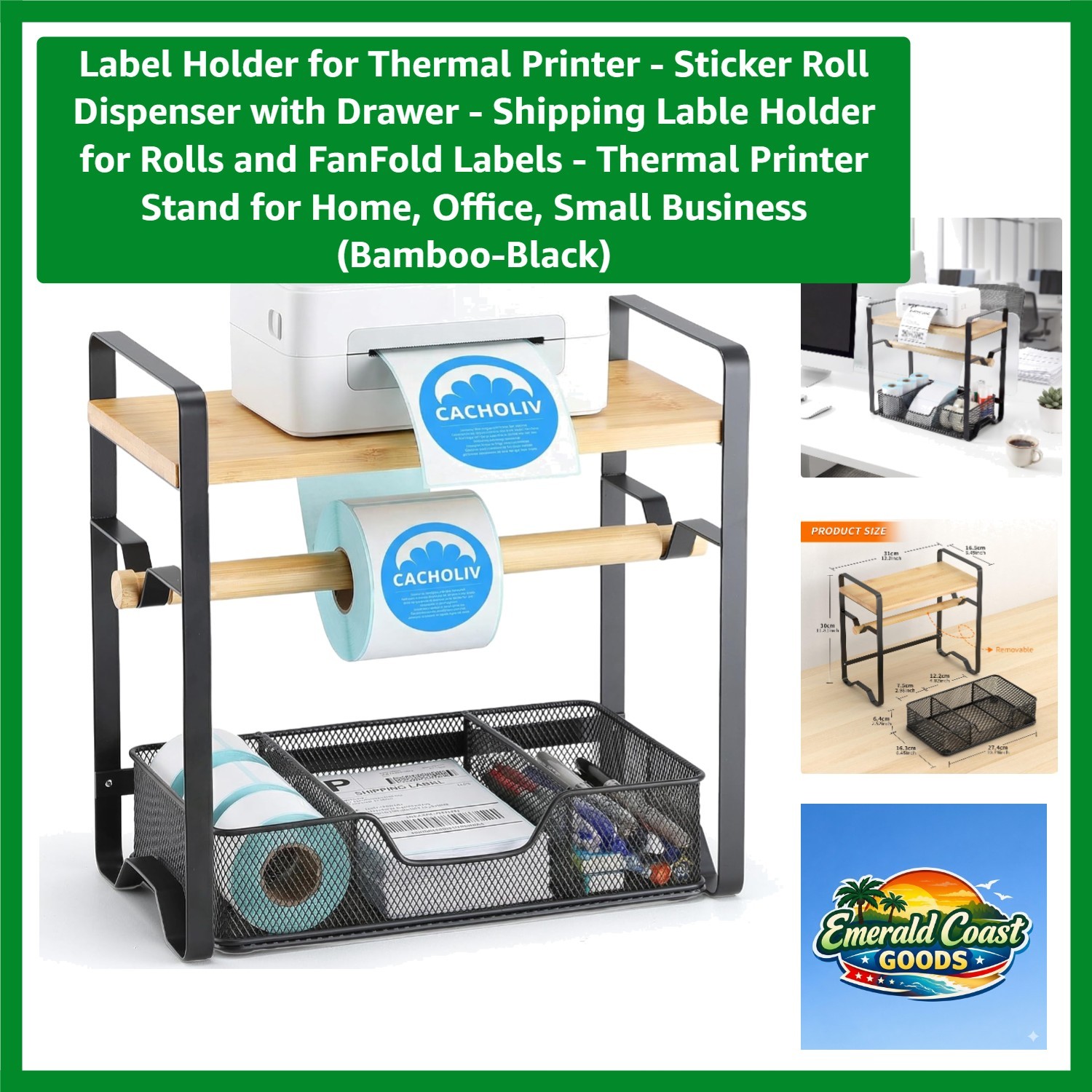 Bamboo Thermal Printer Stand with Drawer - Elegant Label Holder for Home Office