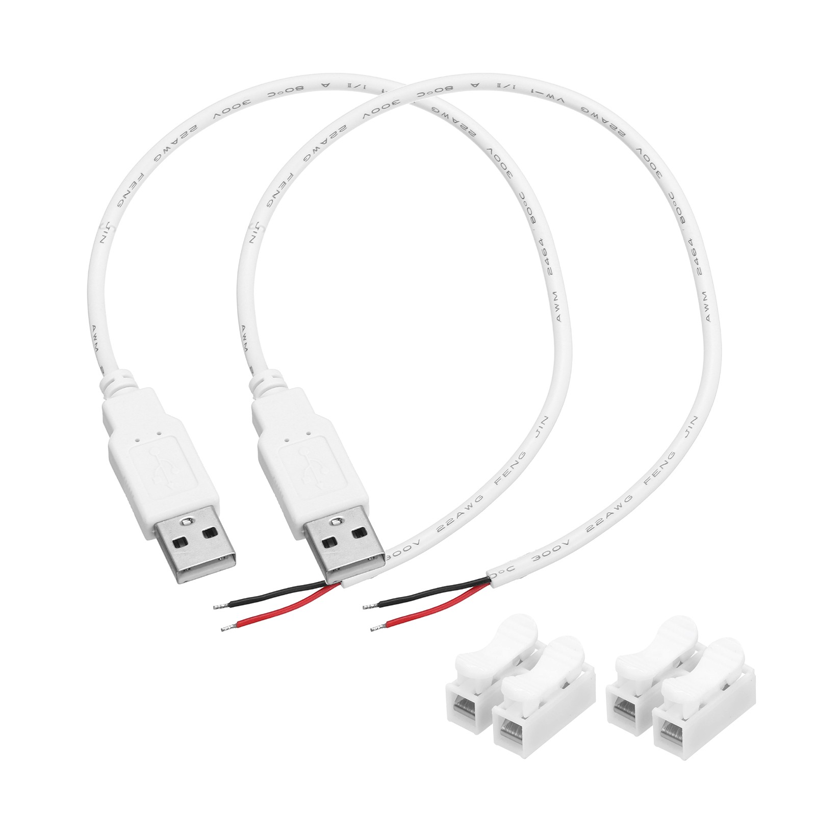 2Pcs USB Plug Pigtail, 0.3 M/1 ft Male 22 AWG 5V 3A with Wire Connector, White