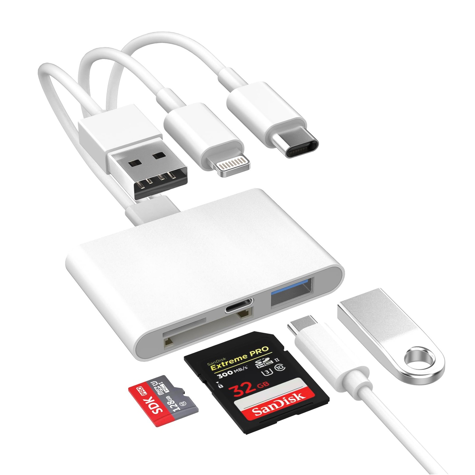 4-in-1 SD Card Reader for iPhone iPad Mac, USB-C+Lightning+USB 3.0 OTG Adapte...