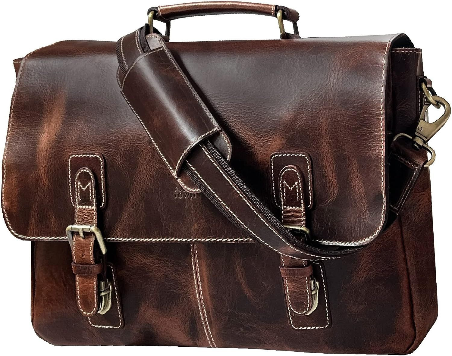 RUSTIC TOWN Leather Laptop Messenger Bag for Men - Top Grain Leather... 