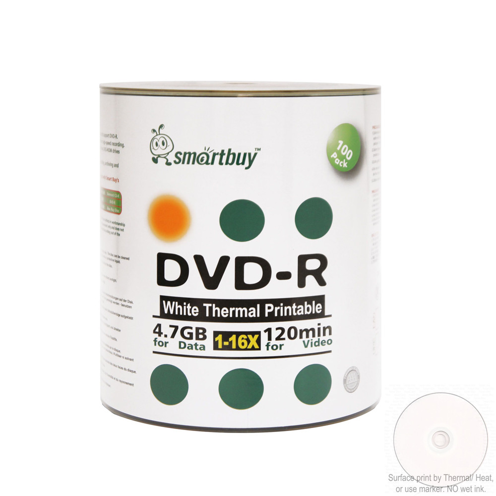 Smartbuy DVD-R 16X 4.7GB White Thermal Hub Printable Blank Disc Everest / Prism