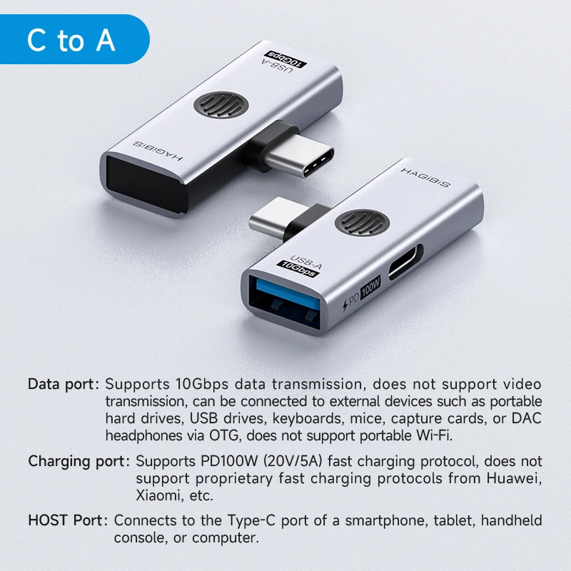 Hagibis USB-C Dual Adapter 100W PD Charging + 10Gbps Data Port Splitter Hub