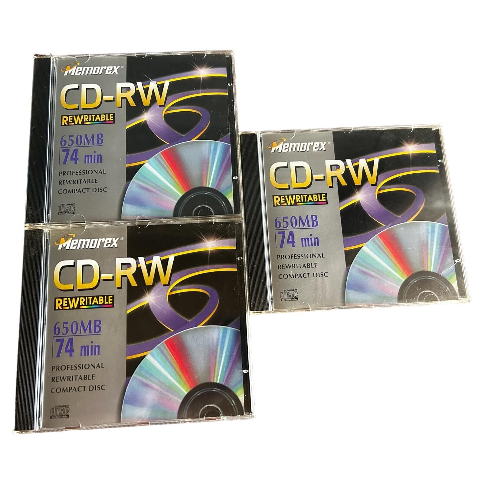 Lot Of 3 Memorex CD-RW 650MB 74 Minute 4X Speed Sealed Discs W/Cases