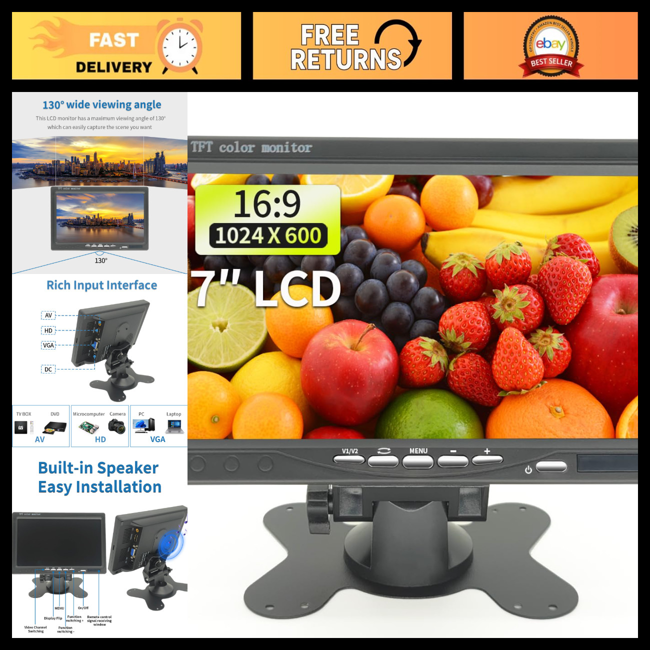 7" HD Security Monitor, 1024x600, AV/VGA Input, Built-in Speakers, Portable LCD