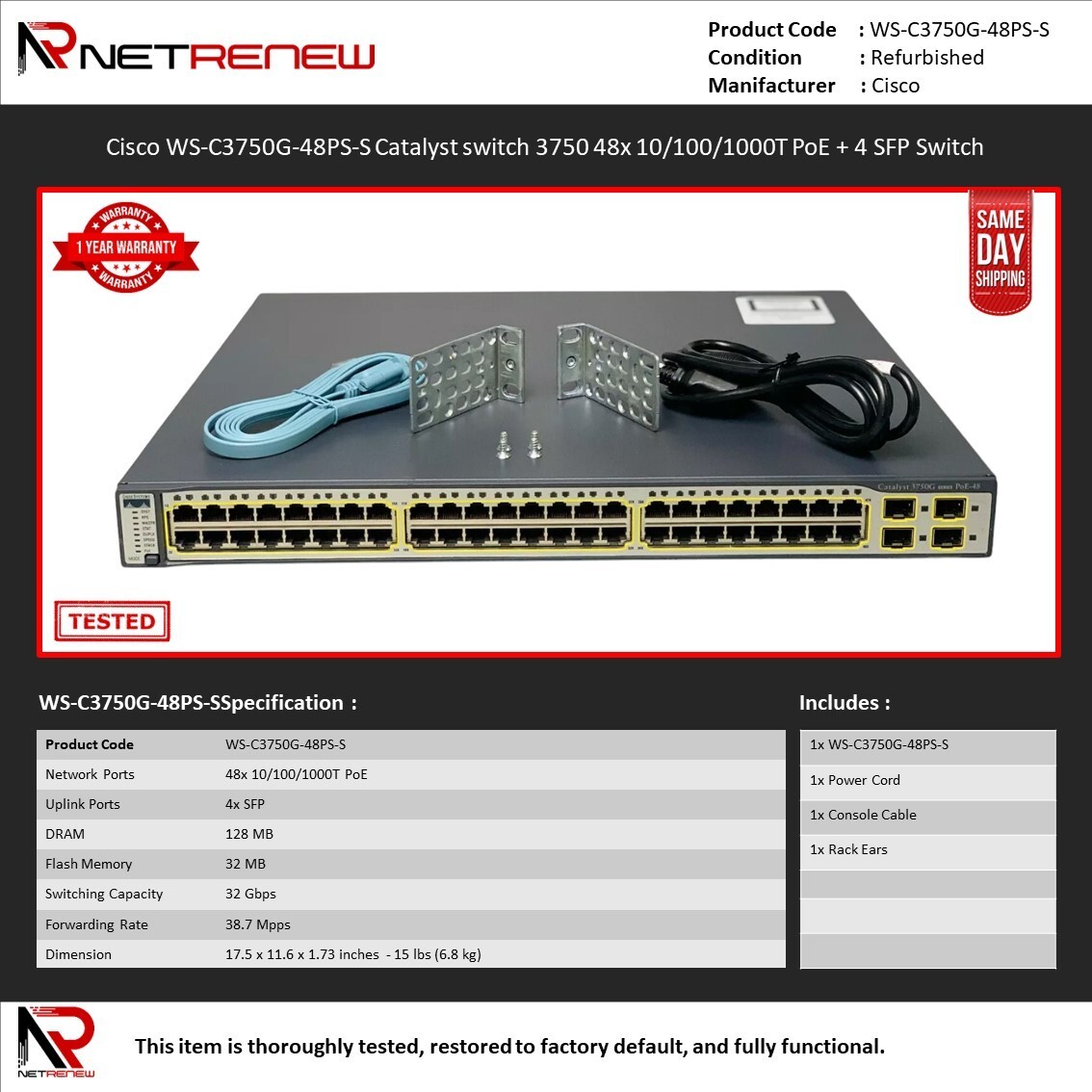 Cisco WS-C3750G-48PS-S 48 Port PoE 3750G Gigabit Switch