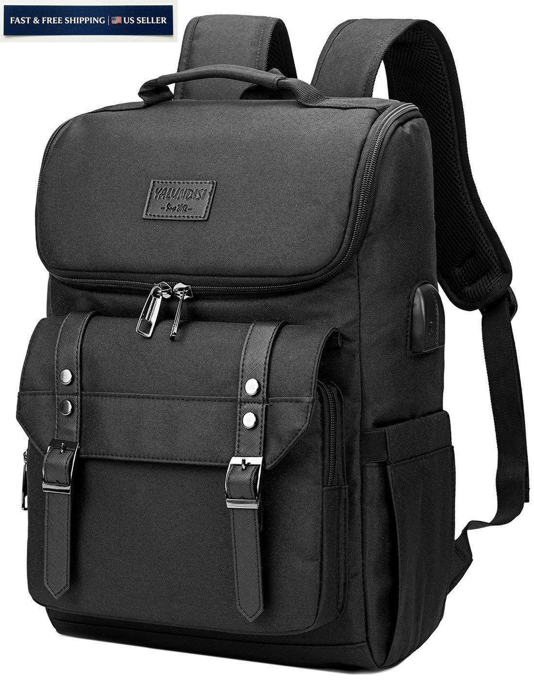 YALUNDISI Vintage Backpack Travel Laptop with usb 16 inch, Black