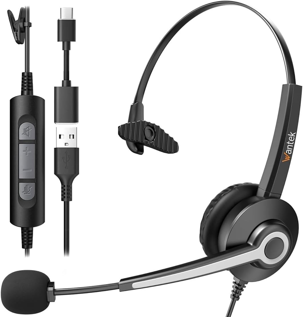 Wantek A681 USB Headset w/Noise Cancelling Mic for PC Home Office or Call Center