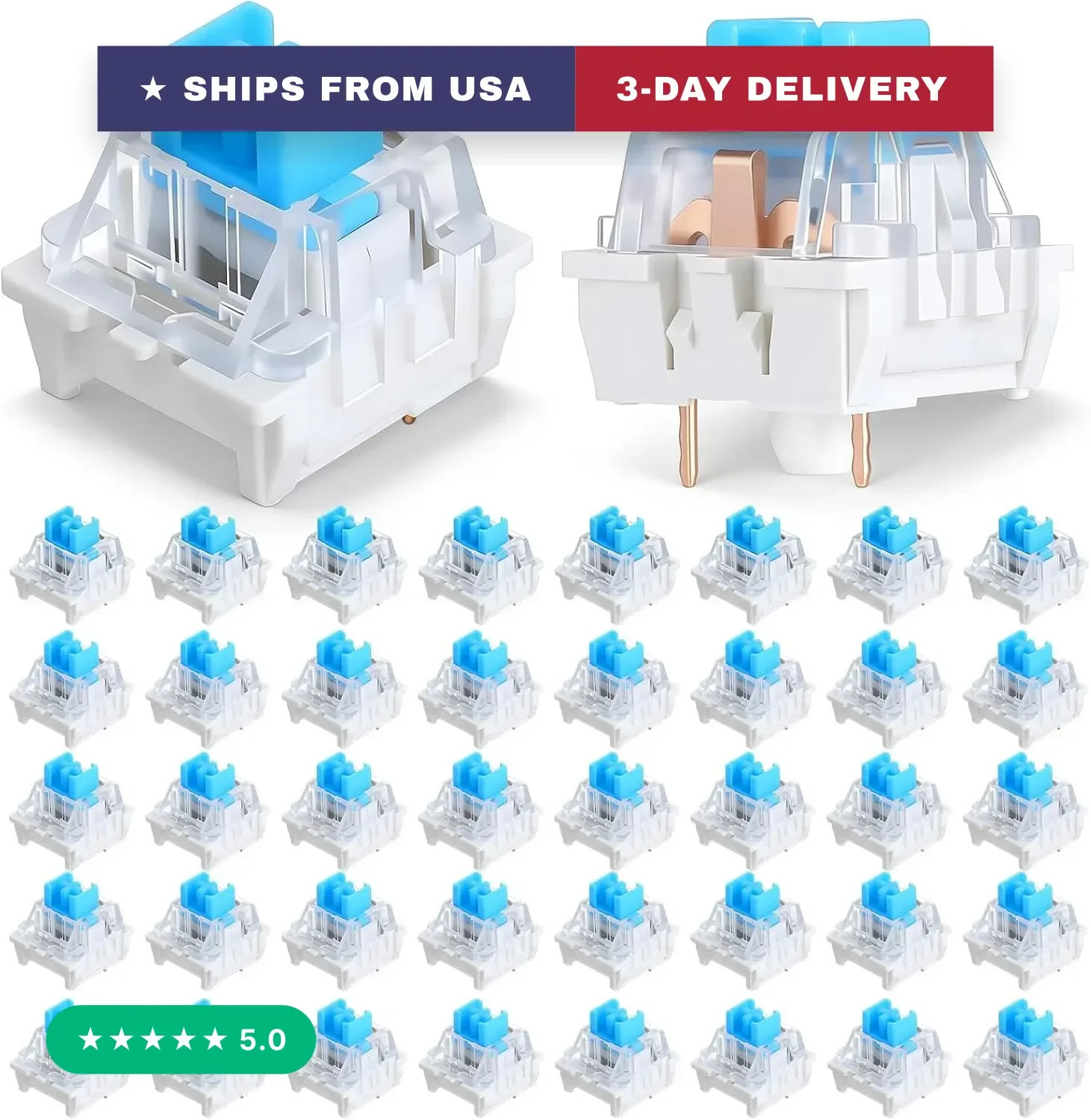 50 Pcs Blue Mechanical Keyboard Switches, 3 Pin Keyboard Clicker Replacement Cli