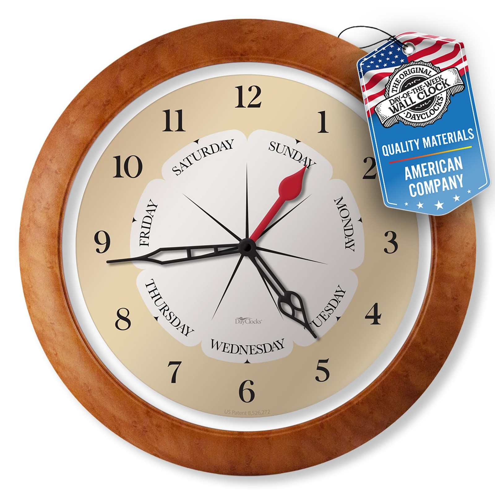 Time & Day of The Week Wall Clock with 13.5” Maple Accent Frame – &#
