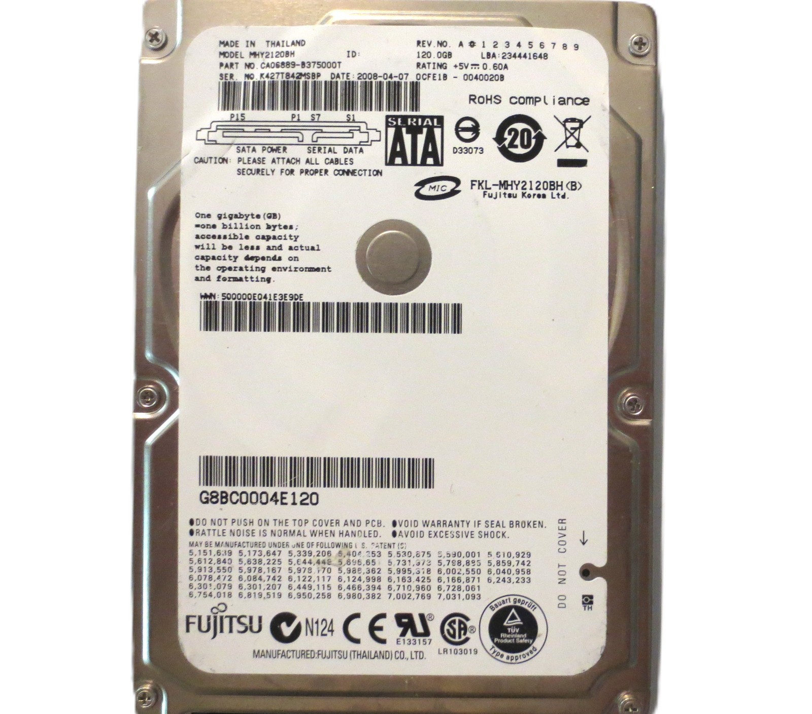 MHY2120BH CA06889-B375000T 0CFE1B-0040020B (K42) Thailand 120gb Sata 2008-04-07