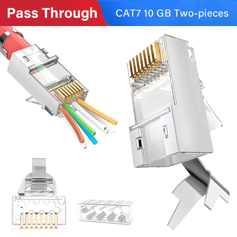 RJ45 Cat8 Cat7 Pass Through connector 50U Gold Plated Shielded Network Plug 8p8c