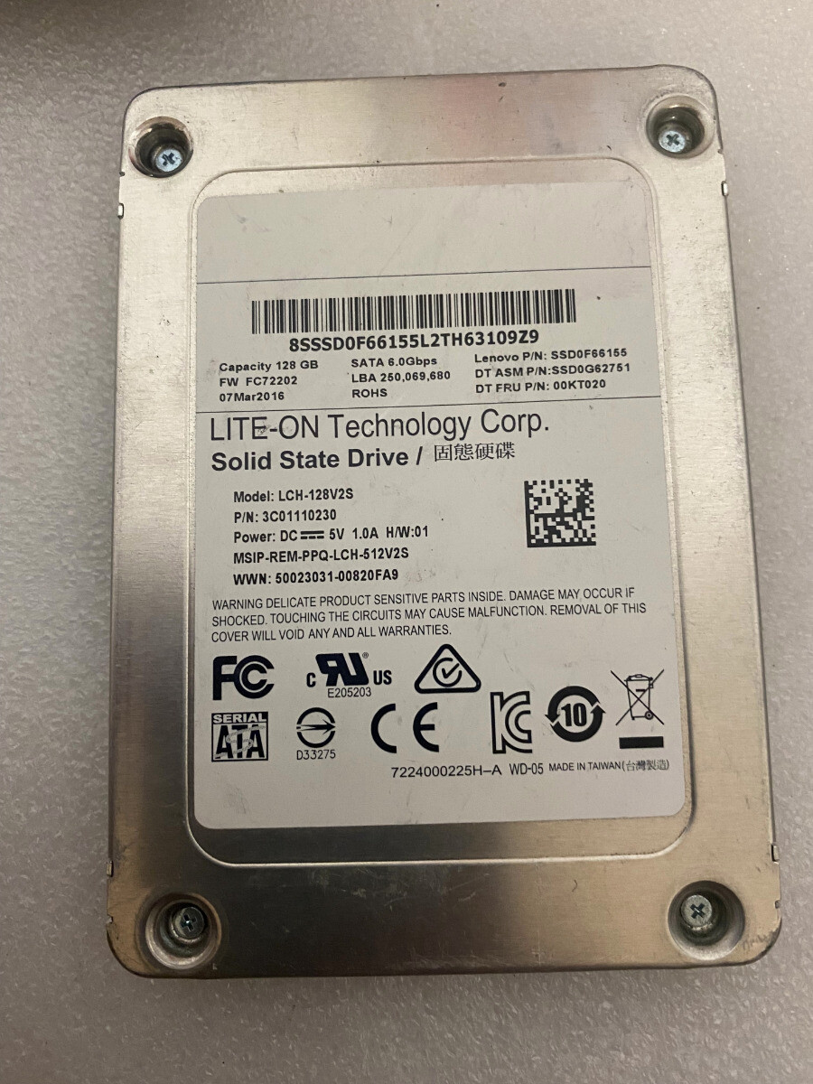 Lite-On 128GB 2.5" SATA SSD LCH-128V2S Lenovo 00KT020 SSD0F66155