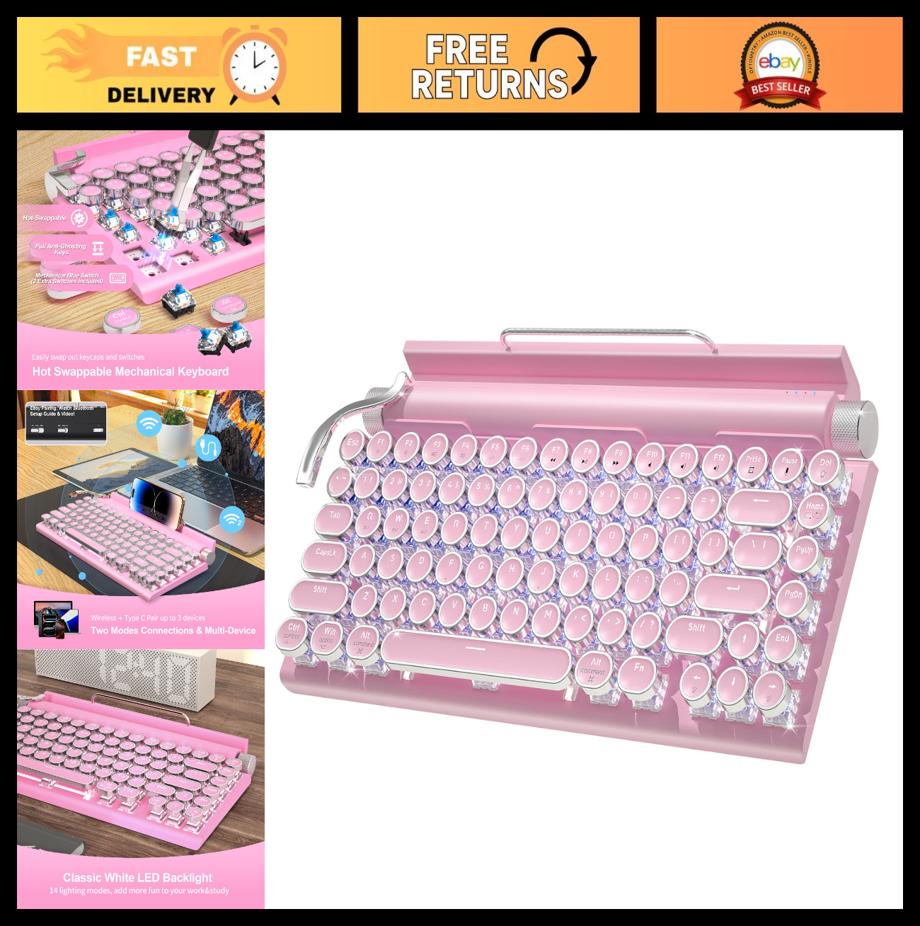Wireless Retro Mechanical Gaming Keyboard - Bluetooth 5.0, 83-Key, LED Backlight