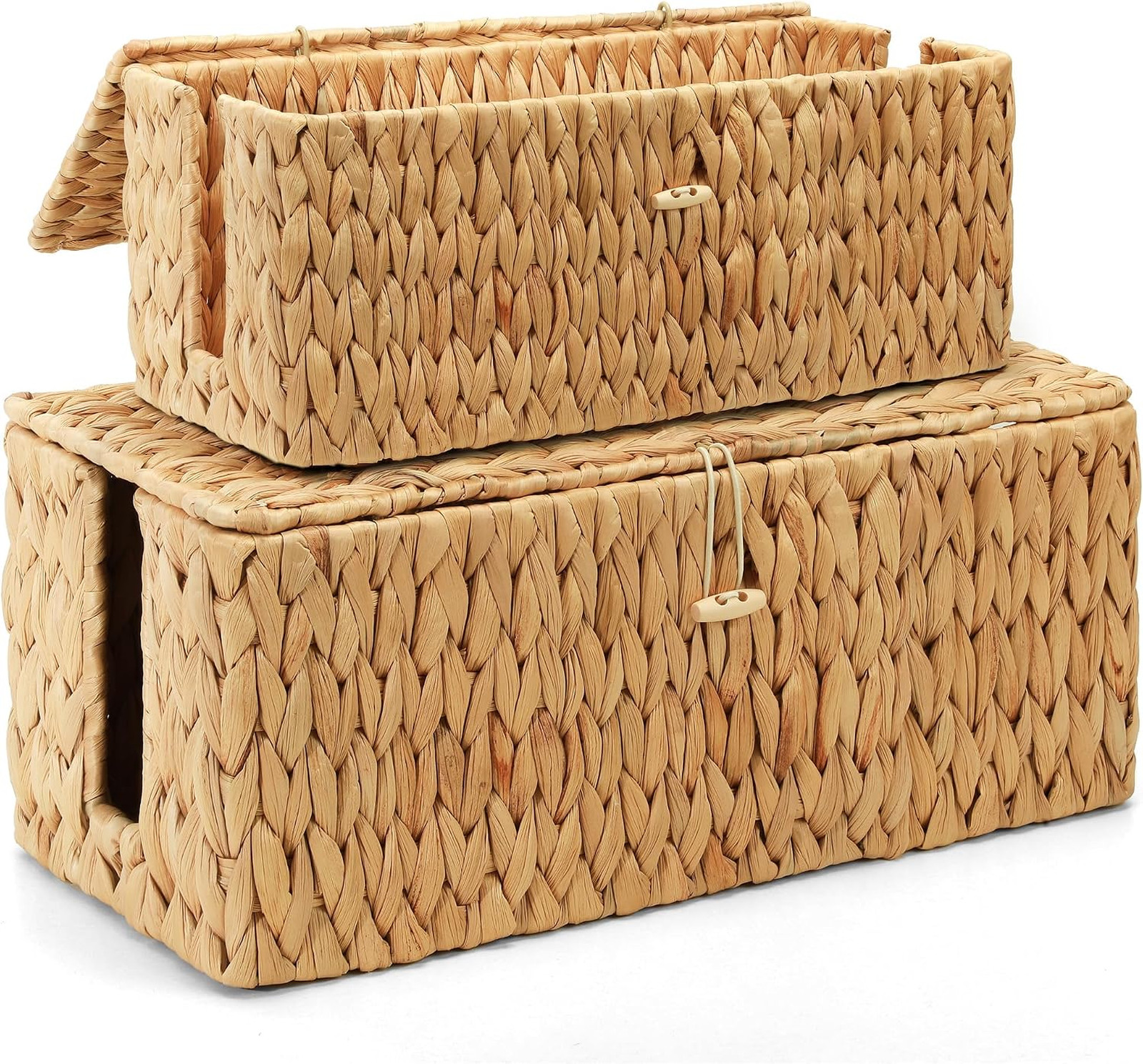 Water Hyacinth Cable Management Box with Lid Set of 2 Handwoven Cord Organizer