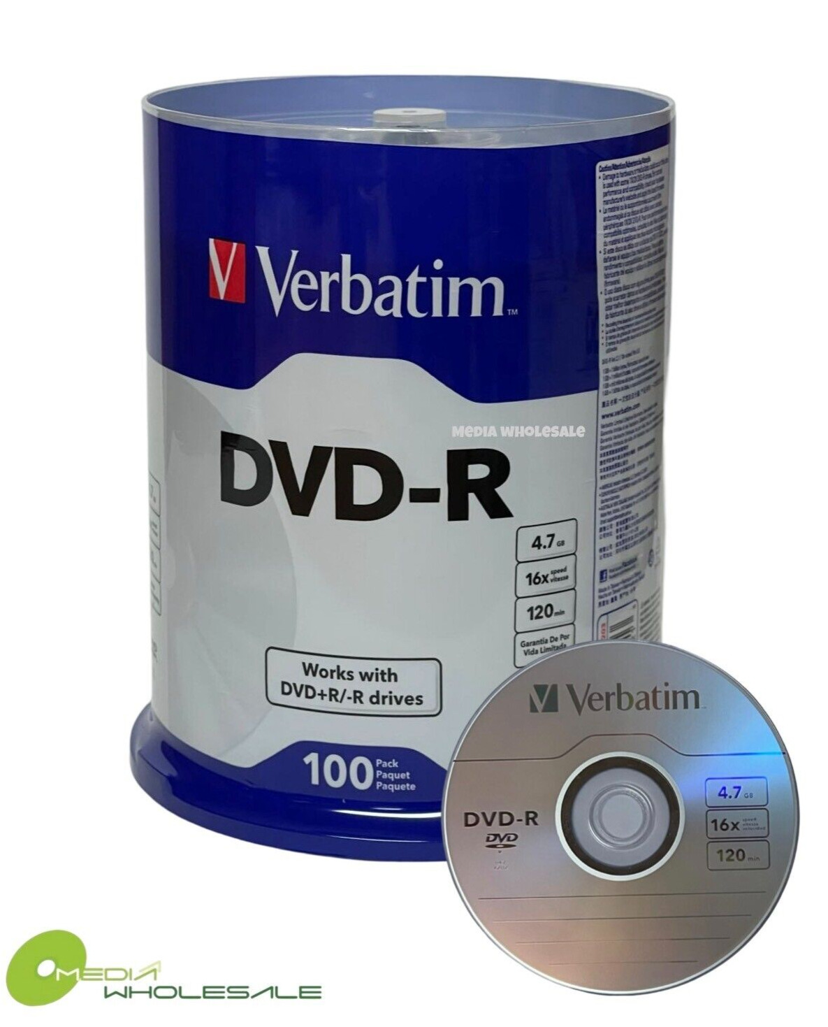 VERBATIM Blank 16X DVD-R DVDR 4.7GB Branded Logo 100pk Spindle Recordable Disc