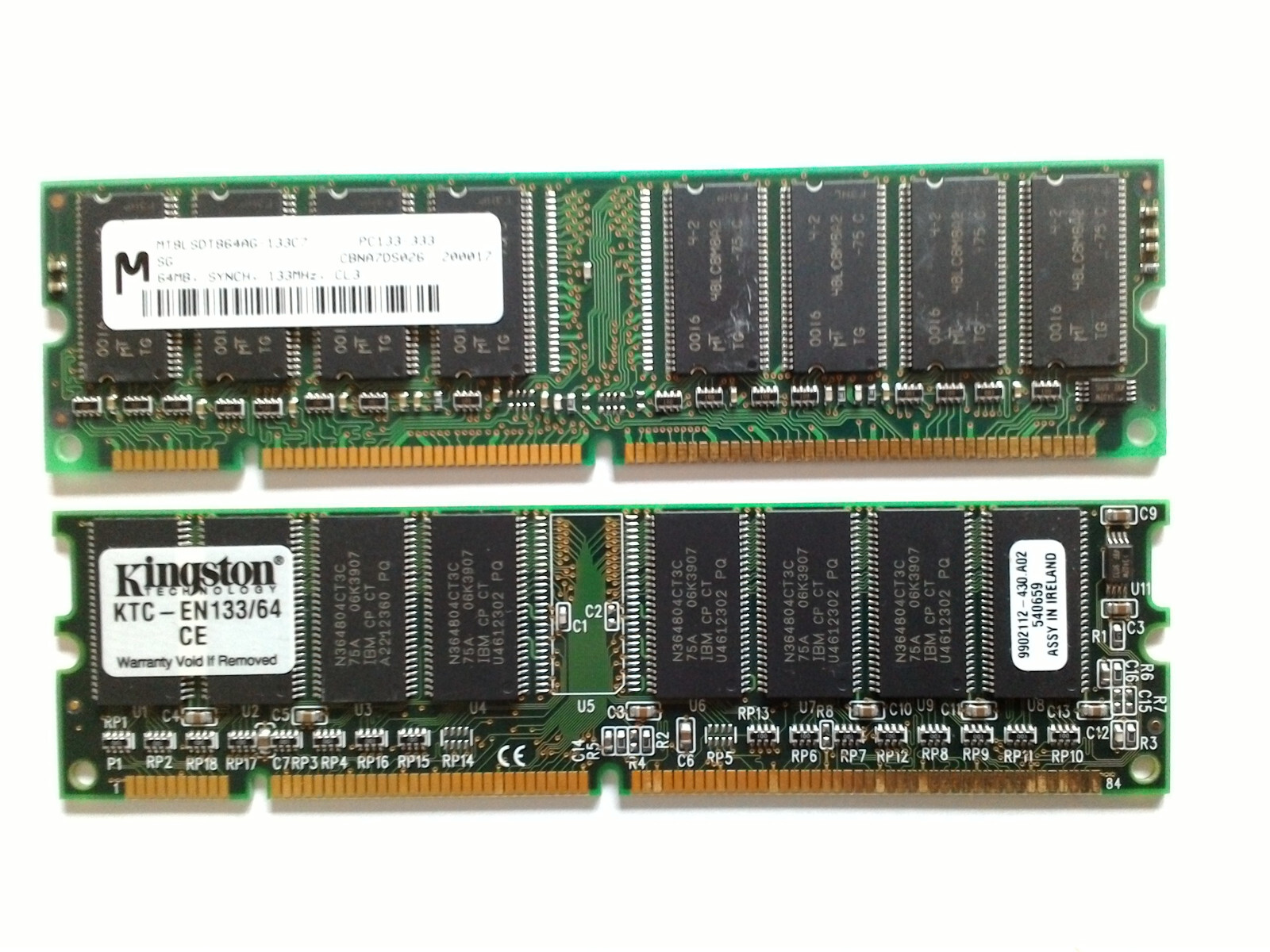 RAM/PC 133 (1) Kingston + (1)Micro - 2 X 64Mb (Total 128Mb) Test Ok 100%