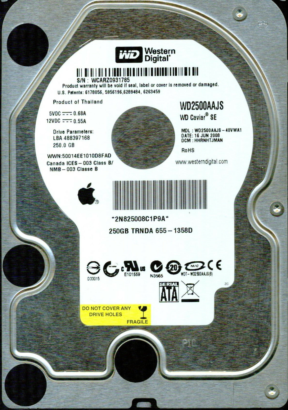 WD2500AAJS-40VWA1,  HHRNHTJMAN,  WESTERN DIGITAL 250GB  WCAR JUN 2008