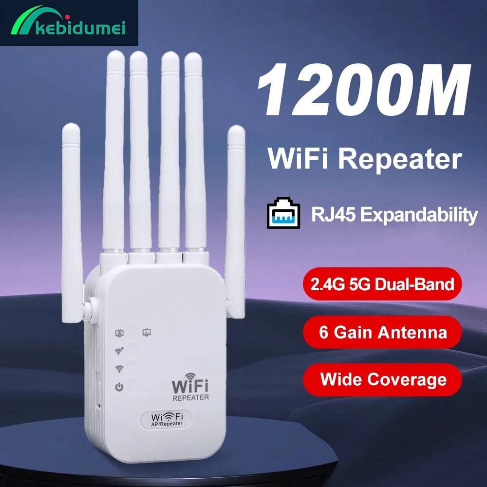 WiFi Extender 6-Antenna Strong Signal  1200Mbps US Plug Dual Band  Booster