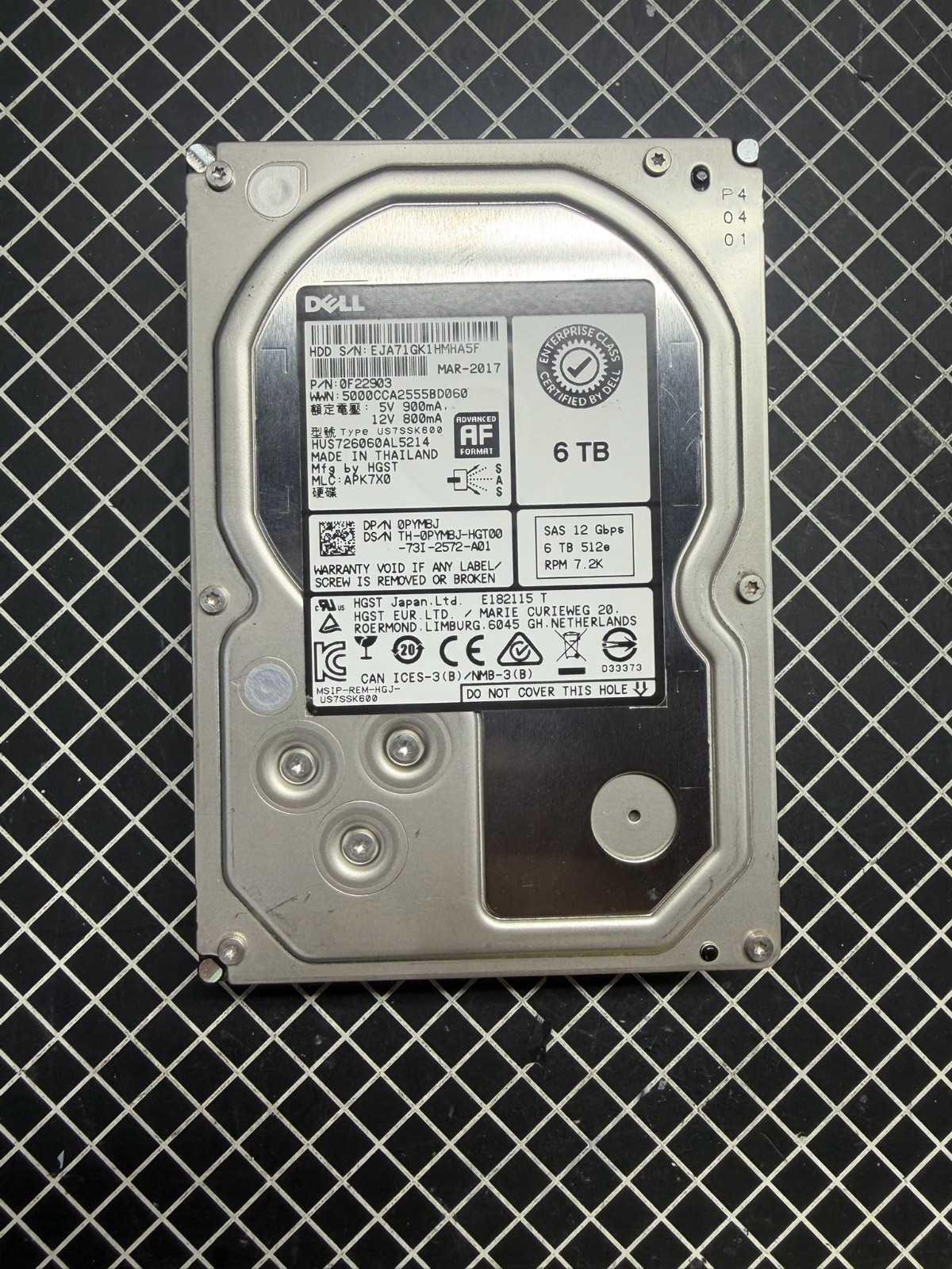 Dell Enterprise 6TB 7.2K NL SAS 12Gb/s 3.5" Hard Drive HDD HUS726060AL5214 PYM8J