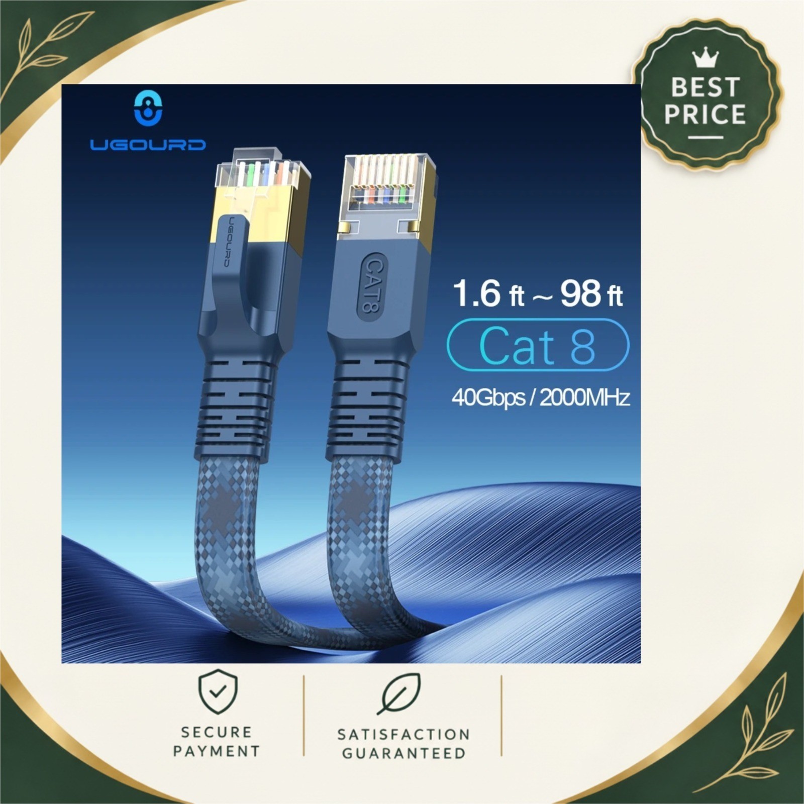 Cat 8 Ethernet Cable 40Gbps 2000MHz Braided Flat RJ45 LAN Patch Cord