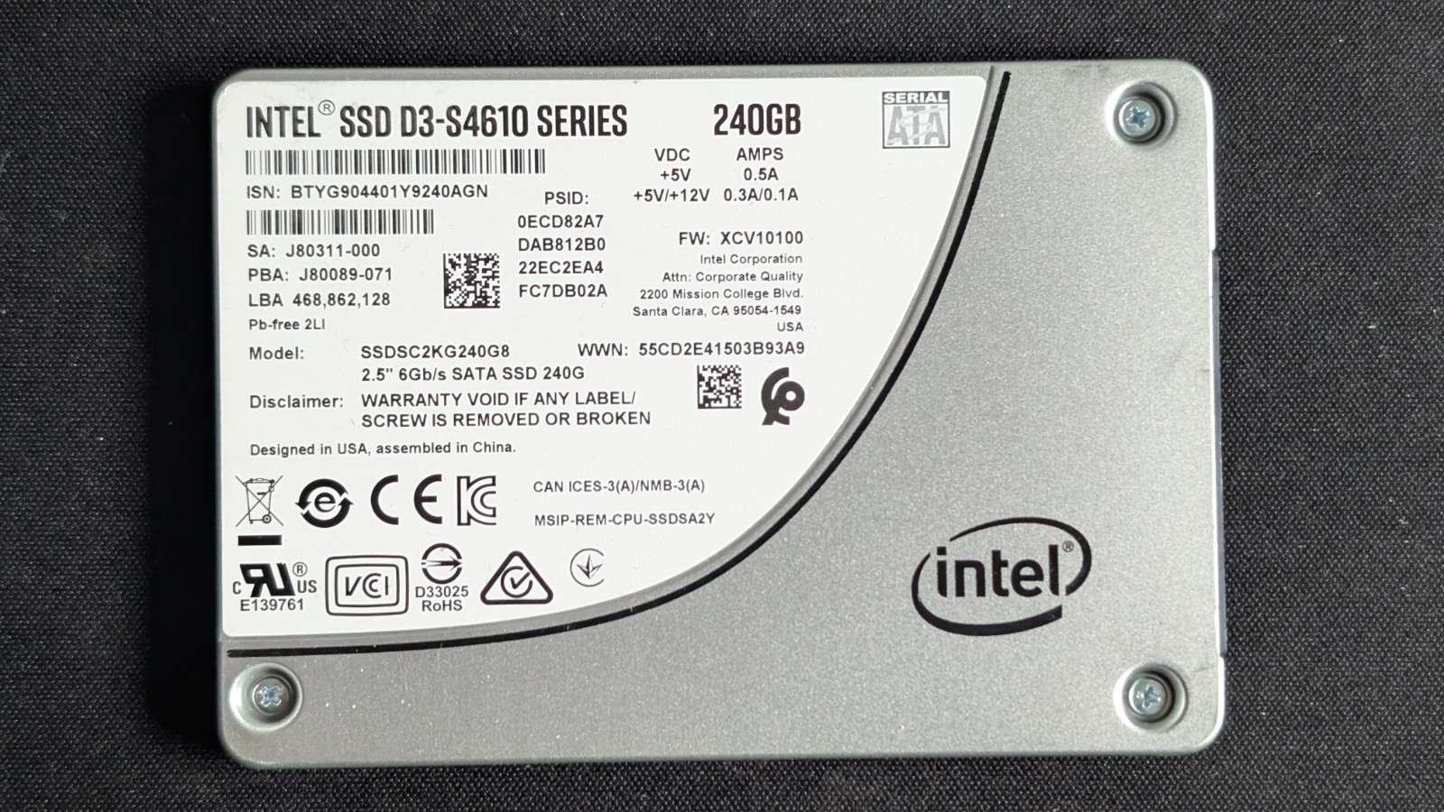 Intel D3-S4610 Series SATA 6Gbps 2.5" SSD 240GB (SSDSC2KG240G8)