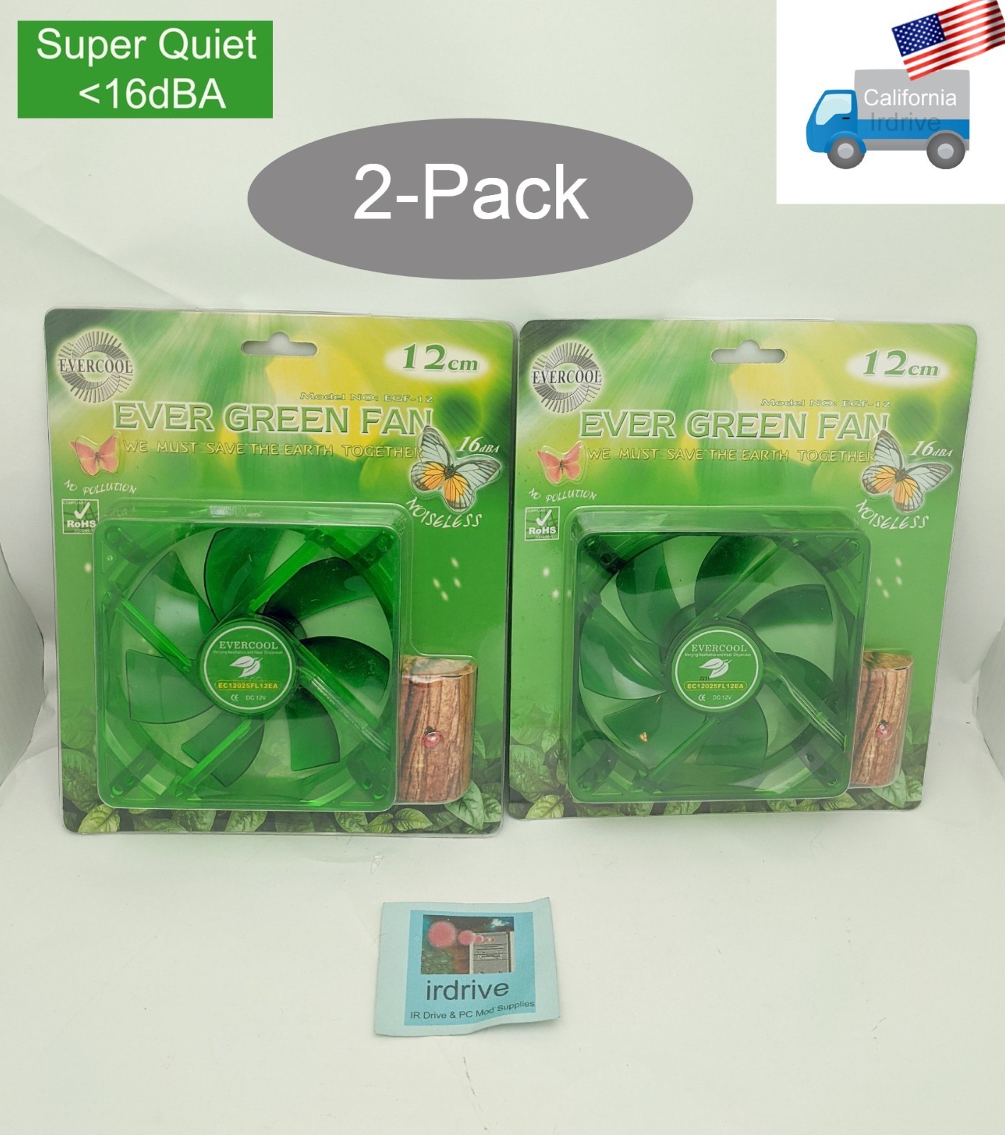 2Pack NEW Evercool Super-Quiet 16dBA Green 120mm 3pin PC Case Cooling Fan EGF-12