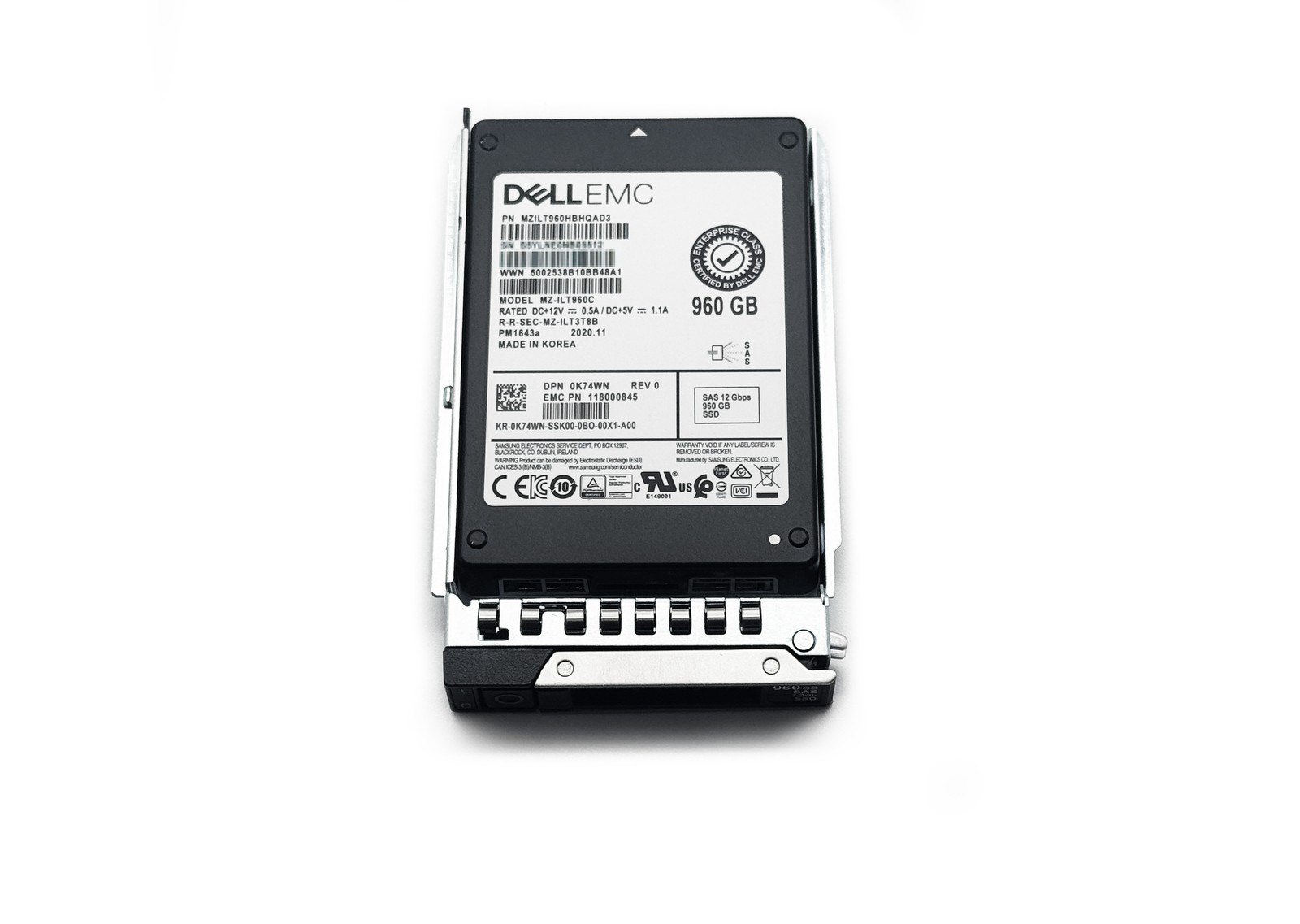 Dell EMC 960GB 12Gbps SAS 2.5" Enterprise SSD PM1643a MZ-ILT960C 0K74WN w/Caddy