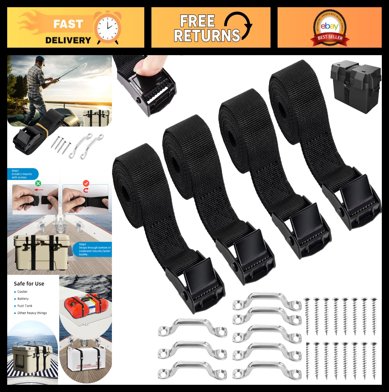 6.5ft Battery Hold Down Straps with Cam Buckle & Stainless Steel Bracket - 4 PCS