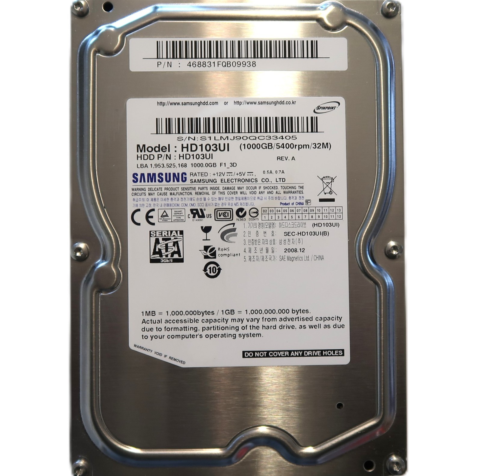 Samsung HD103UI REVA P/N: 468831FQB09938 (S1LM) China 3.5" 1TB Sata HDD 2008.12