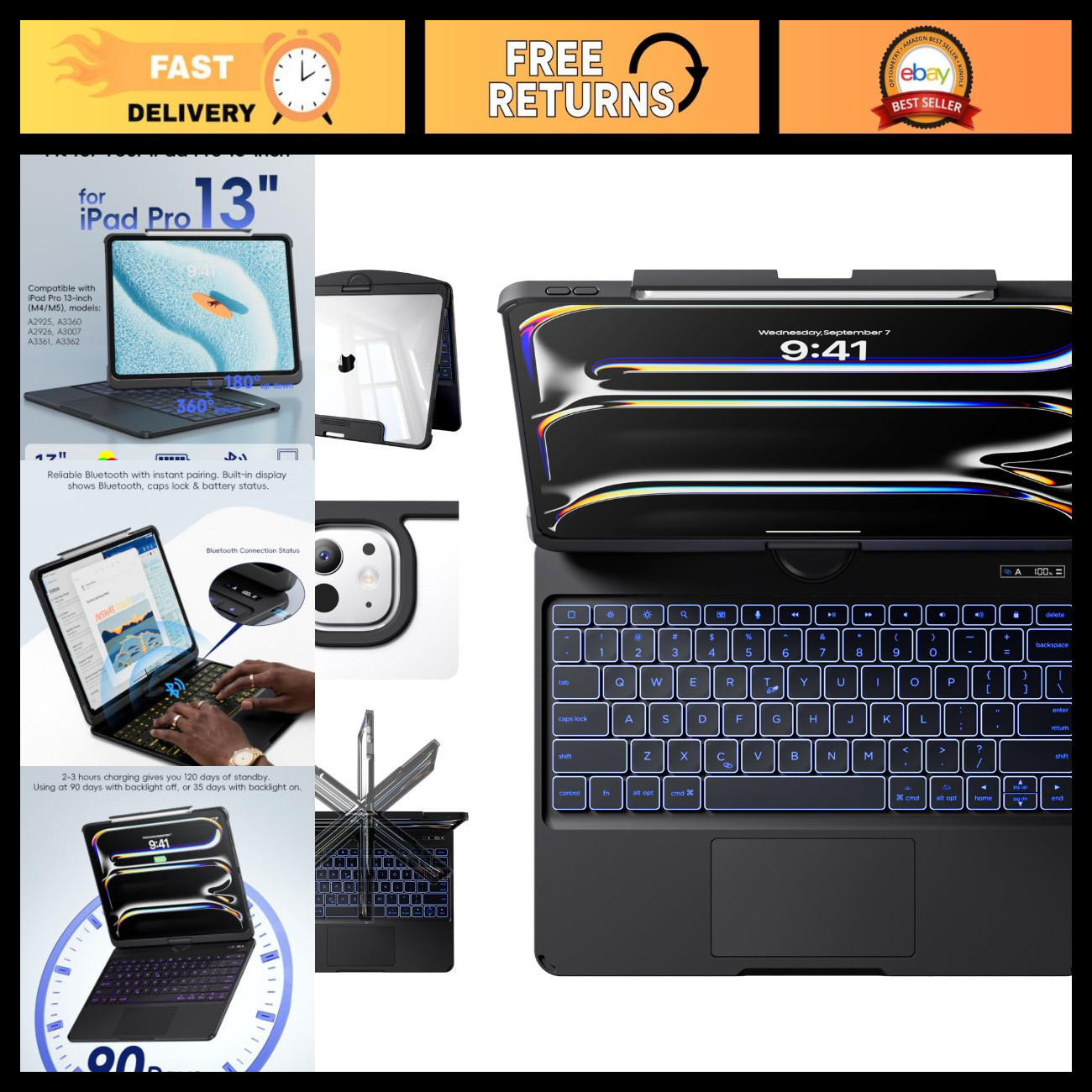 iPad Pro 13" Case with Keyboard, 360° Swivel, LCD Power Display, Backlit, Pencil