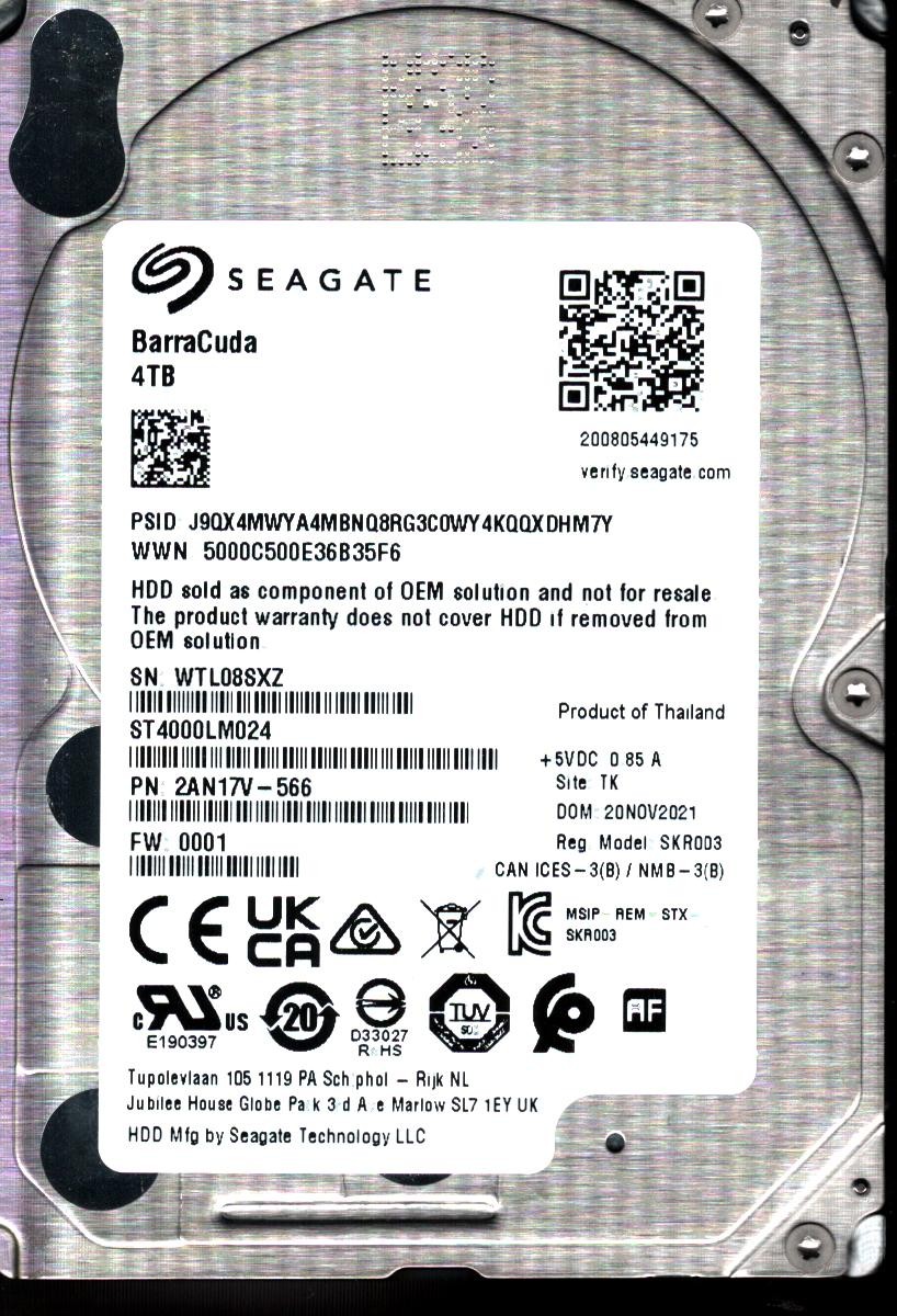 ST4000LM024 P/N: 2AN17V-566 F/W: 0001 S/N: WTL08 4TB NOV 2021 THAILAND SEAGATE