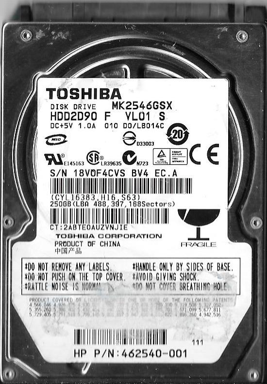 TOSHIBA MK2546GSX HDD2D90 F VL01 S 250GB SATA HARD DRIVE