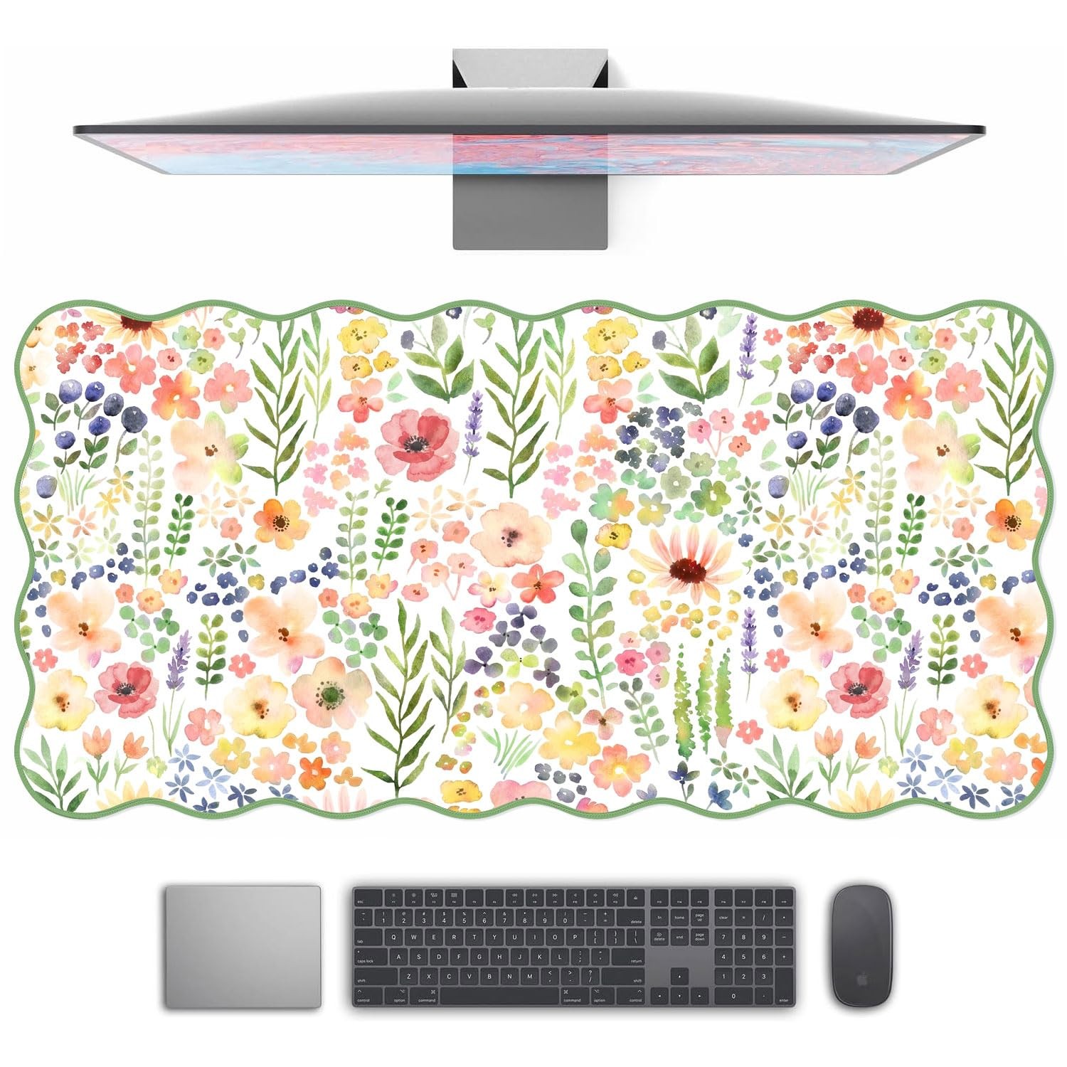 Floral Desk Mat, Cute XXL Large Scalloped Mouse Pads Gaming Desk Pad, Keyboar...