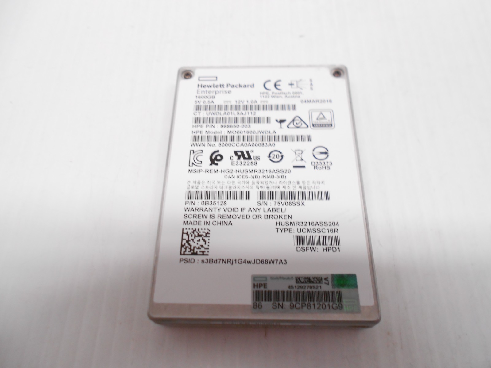 HP HGST 1.6TB SSD SAS 2.5" 12G Server Hard Drive MO001600JWDLA HUSMR3216ASS204