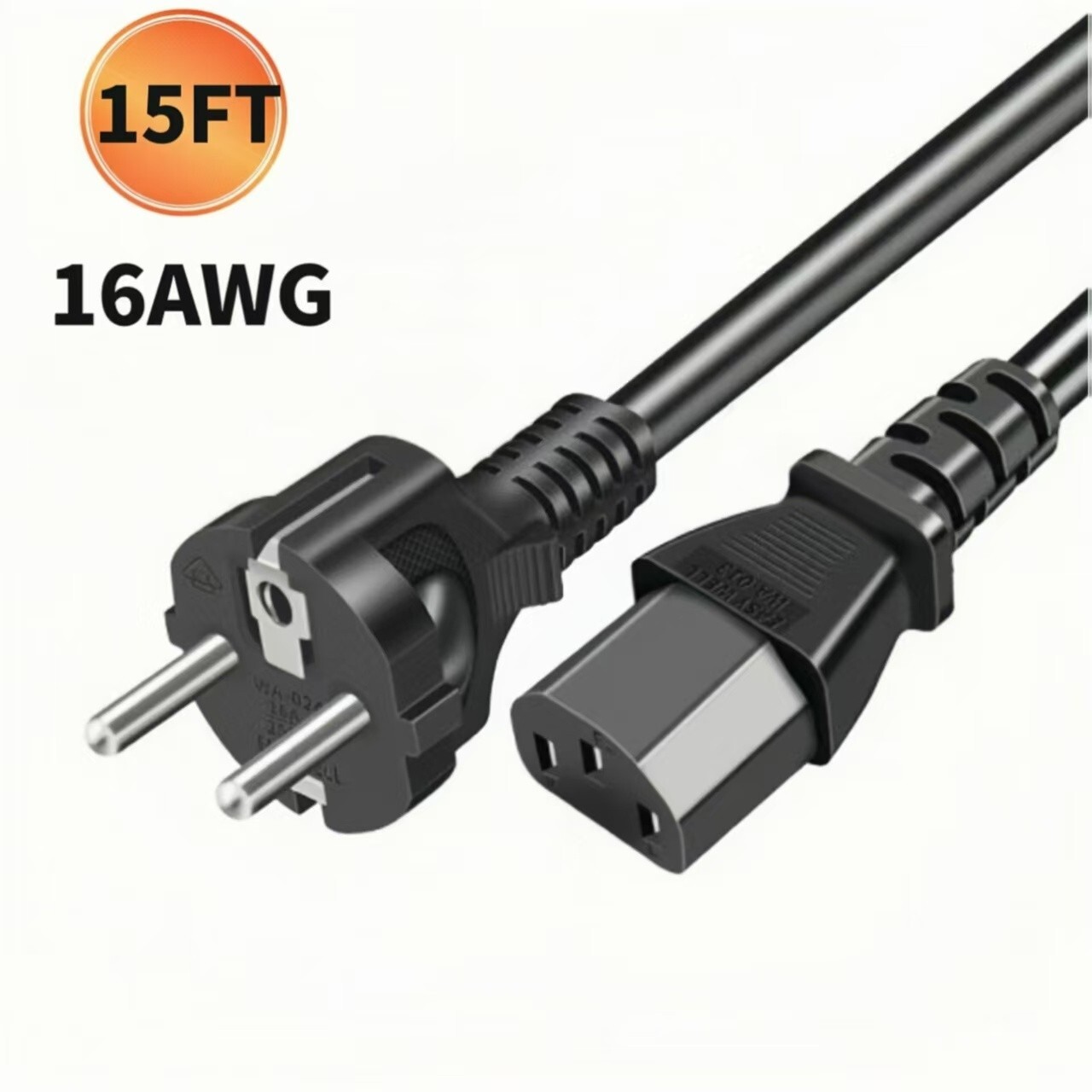 Black 15Ft 16AWG European Schuko Power Cord CEE 7/7 to IEC 320 C13, 10A/250V
