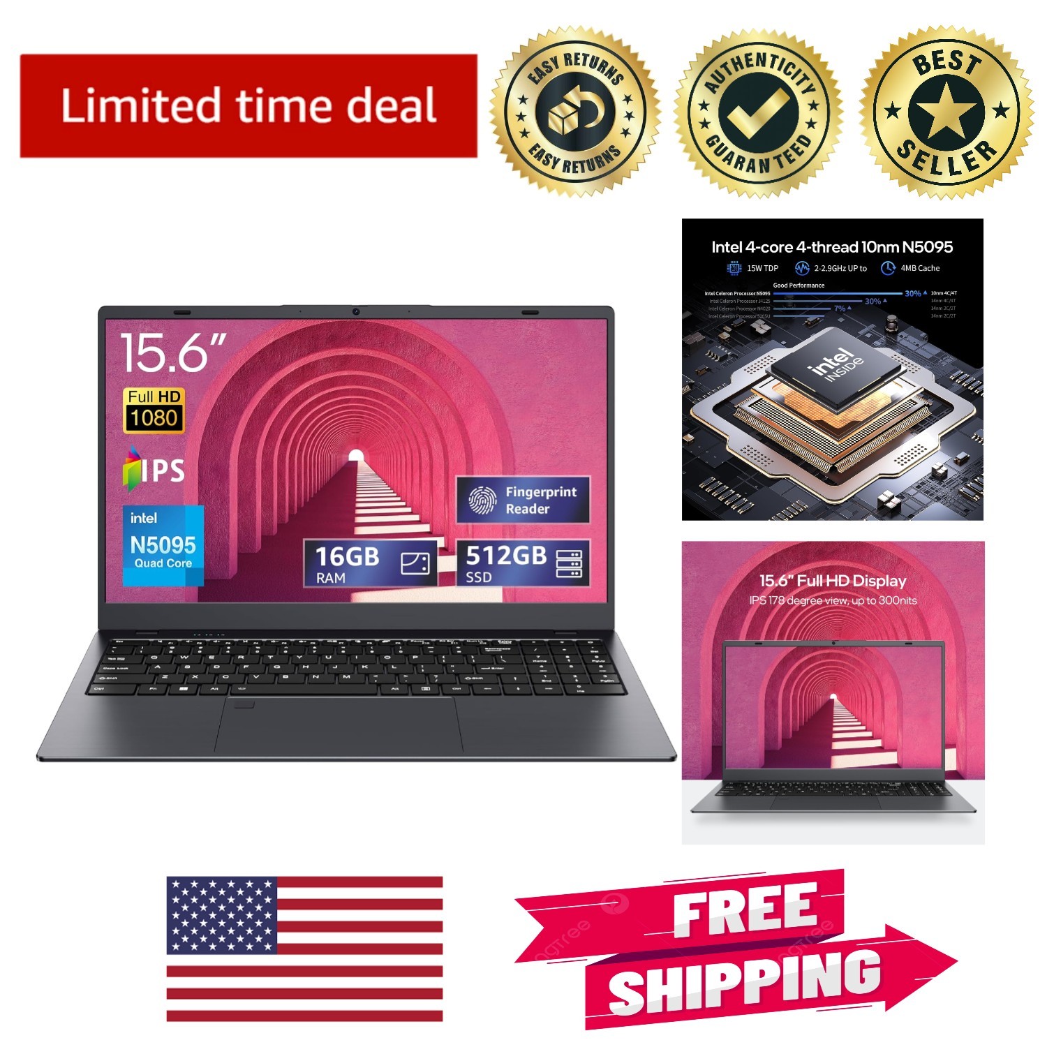 High-Performance 15.6-inch Laptop - 16GB RAM, 512GB SSD, & Fingerprint Unlock