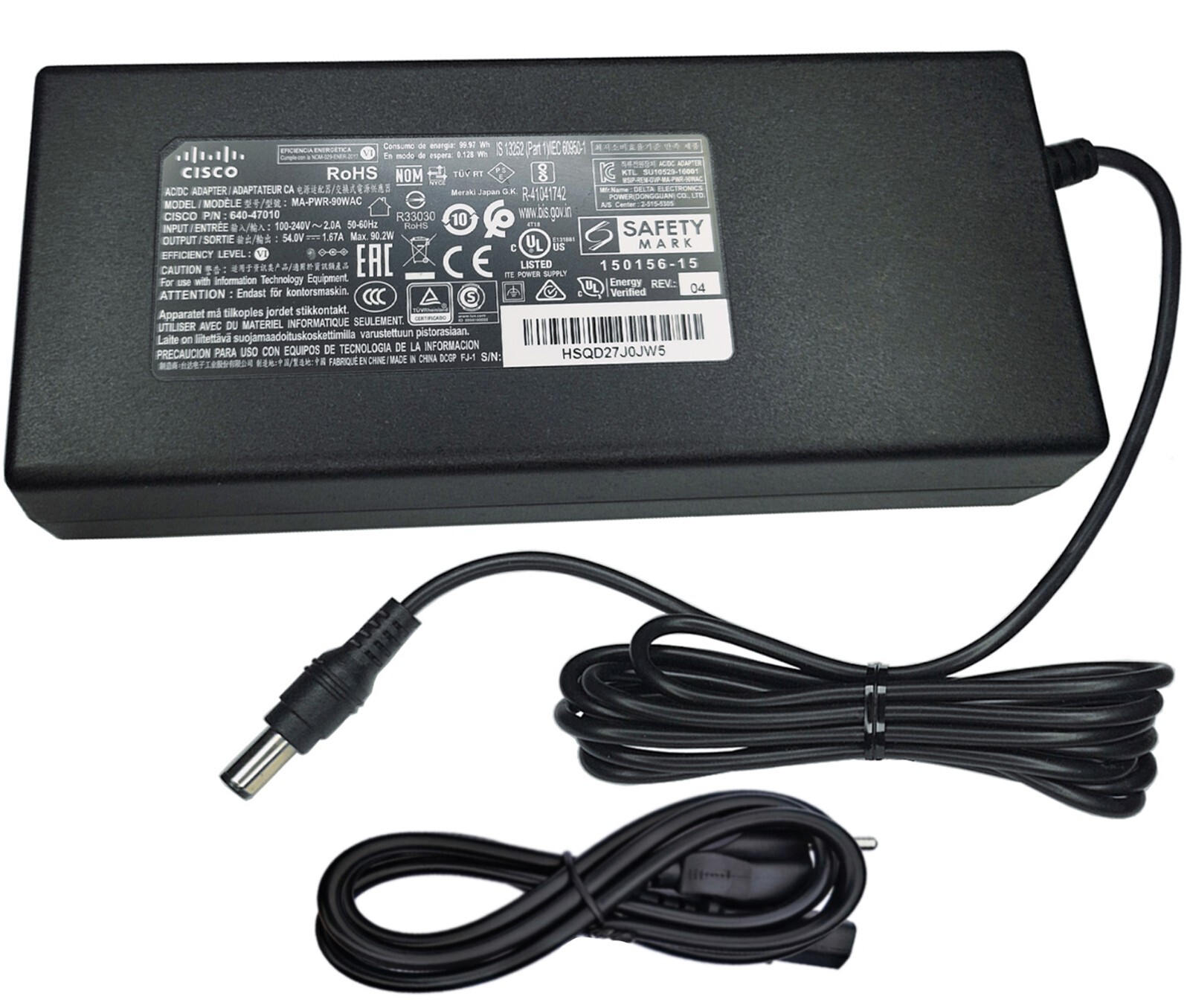 OEM Cisco 54V 1.67A AC/DC Adapter MA-PWR-90WAC For Meraki MS120-8LP MX65 MX65W