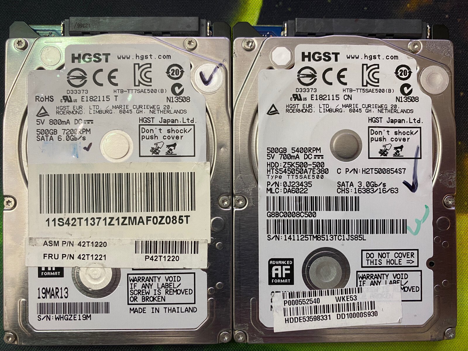 LOT OF QTY 2 500gb 2.5" HGST Hitachi Laptop SATA Replacement Hard Drives Working