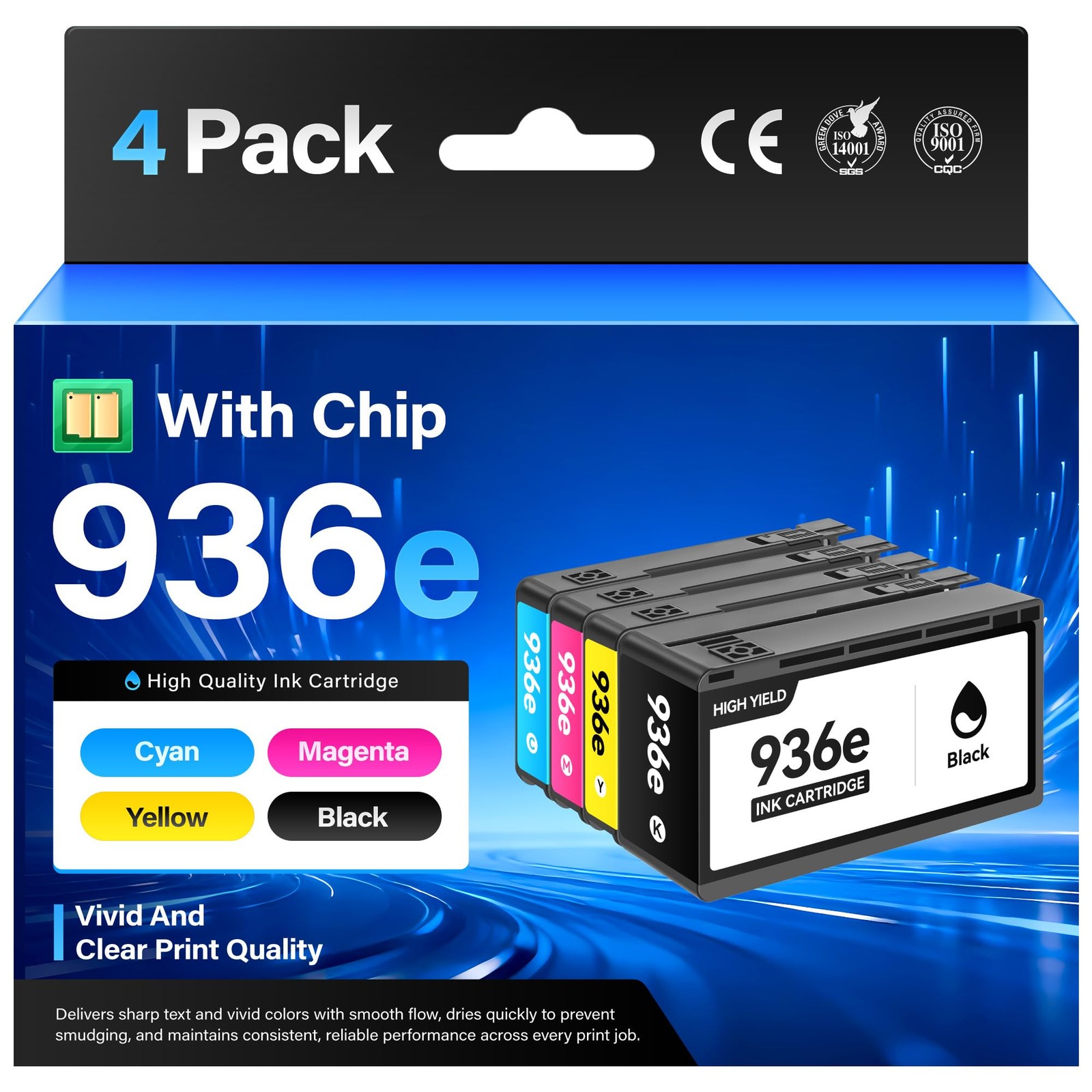 936e 936XL Ink Cartridges with Chip Combo 4-Pack High Yield for HP 936 936e I...
