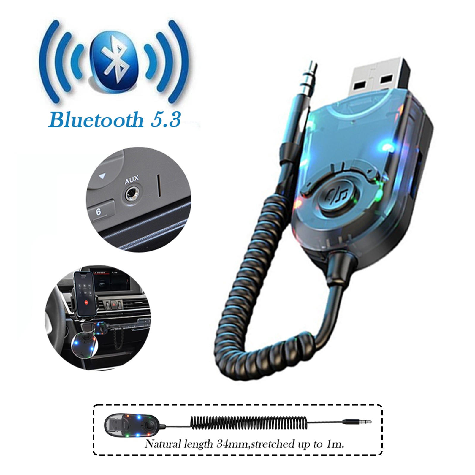 1x Bluetooth 5.3 Receiver w/TF Card Play 3.5mm AUX Adapter for Car & Home Stereo