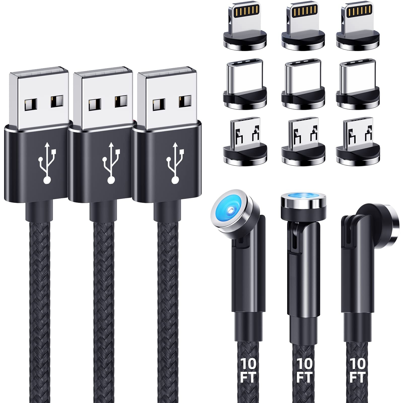 Magnetic Charging Cable [3-Pack,10FT/10FT/10FT] 540° Rotating Black 