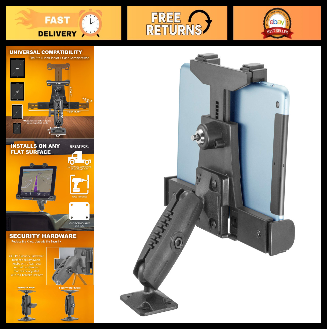 Universal Tablet Drill Base Mount for 7-10" Tablets - Secure Truck Mount Holder