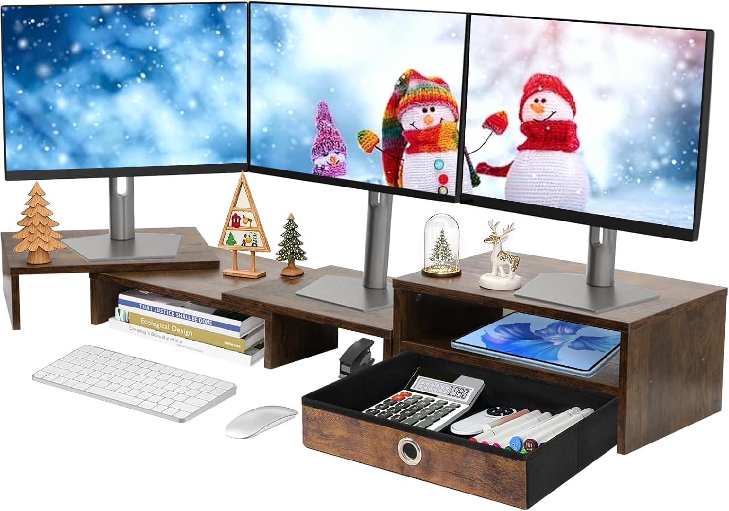 Soporte Elevador Para Tres Monitores Largo Ajustable Con Cajon Y Almacenamiento