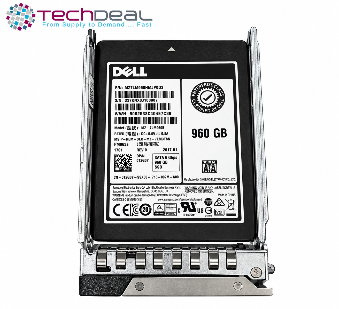 Dell 960GB PM863a 2.5" SATA 6Gb/s RI TLC SSD MZ-7LM960B T2G0Y w/ Tray R640 R740