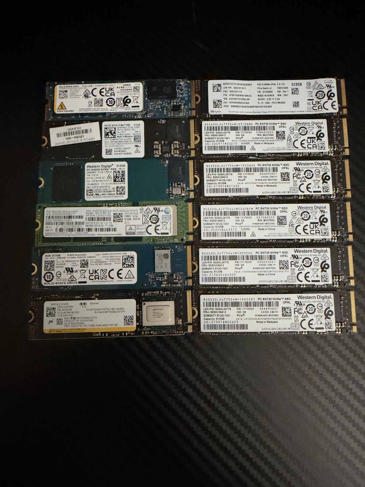 Lot of 12 512GB M.2 NVMe SSD WD SN730 Kioxia Micron SK Hynix 6.14TB