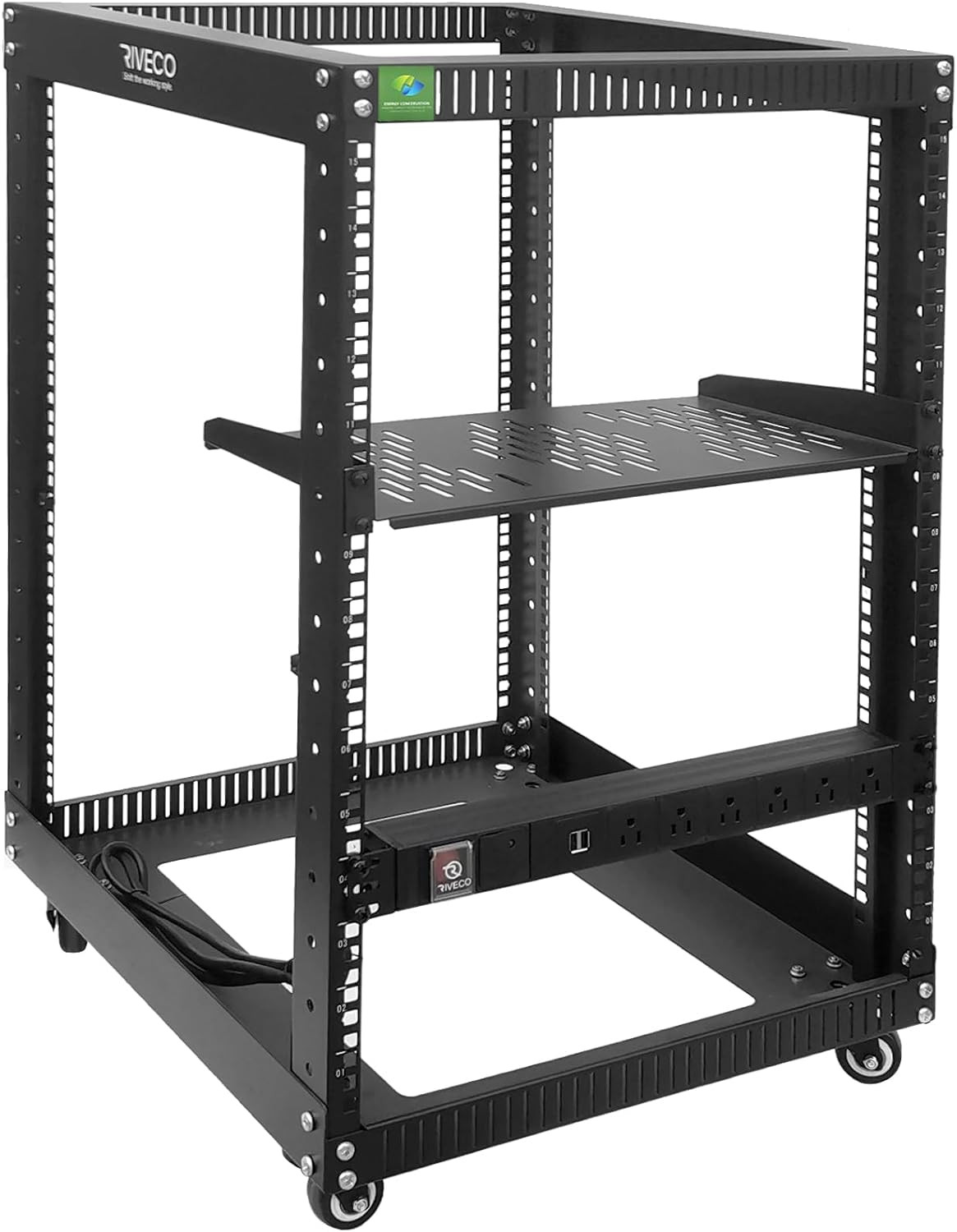 15U 19 Inch Open Frame Server Rack with Wheels Including 1U Rack Shelf & Power S