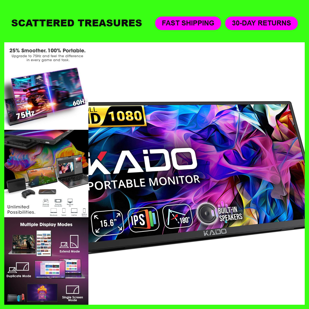 15.6" FHD 1080p Portable Monitor - 75Hz USB-C Mini-HDMI IPS Display, Travel-Frie